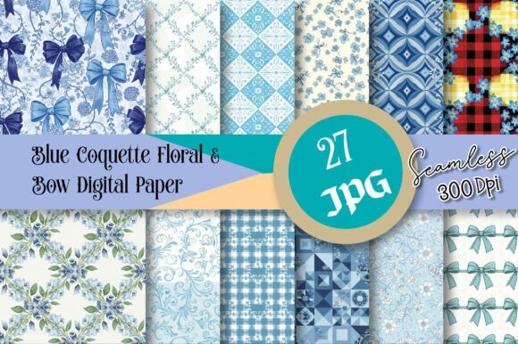 Blue Coquette Floral Bow Digital Paper