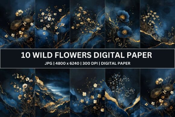 Luxurious Midnight Gold Floral Digital Papers